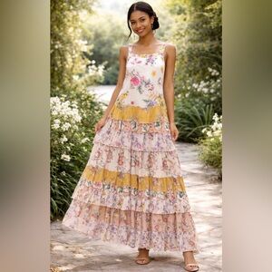 NEW! Beatnik Philosophy Floral Tiered Maxi Dress Yellow Pink SZ S